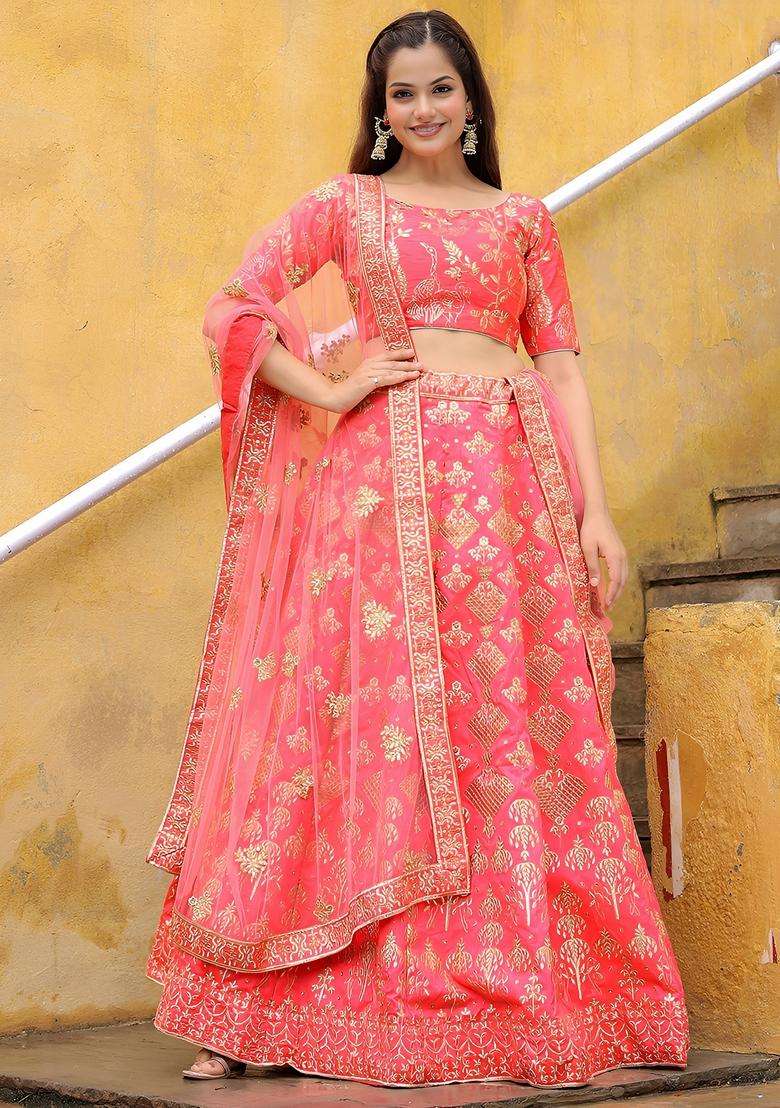 Peach Embroidered Net Lehenga Set - Indya