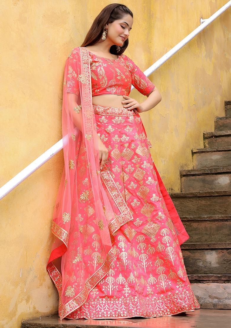 Peach Embroidered Net Lehenga Set - Indya