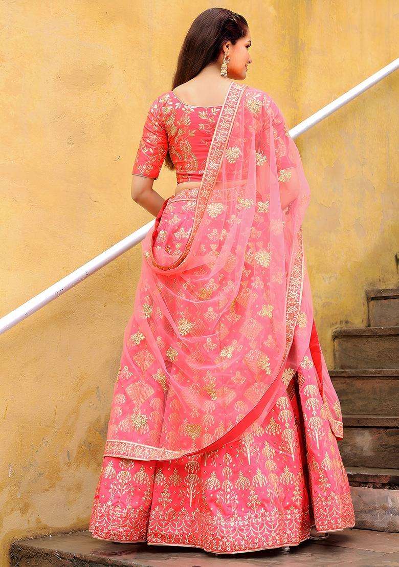 Peach Embroidered Net Lehenga Set - Indya