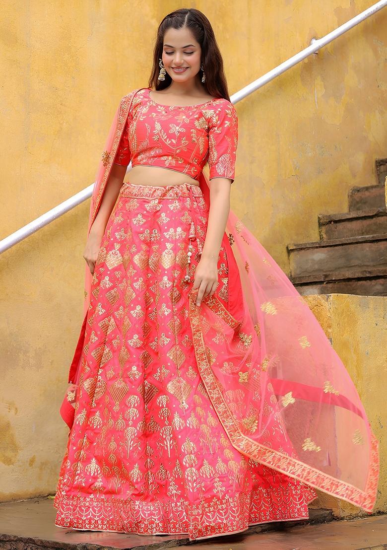 Peach Embroidered Net Lehenga Set - Indya