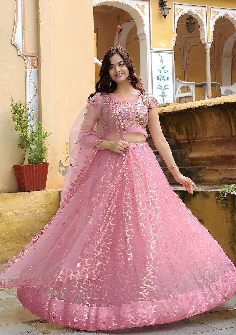 Pink Embroidered Silk Lehenga Set - Indya
