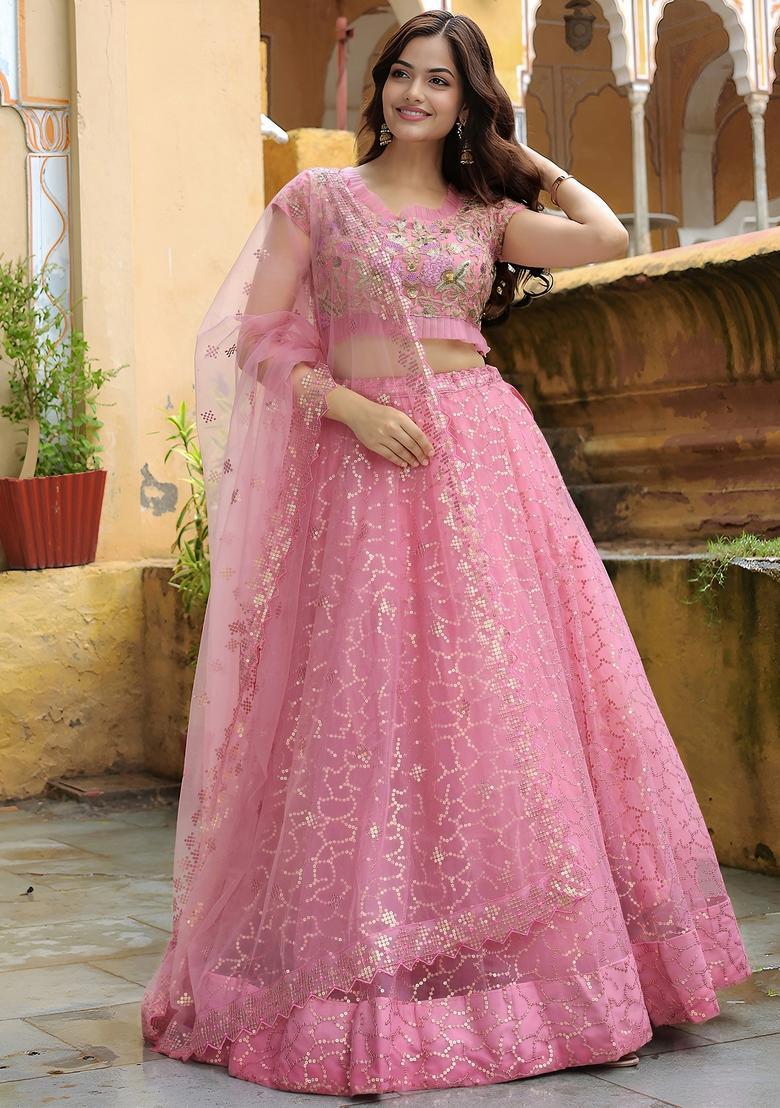 Pink Embroidered Silk Lehenga Set - Indya