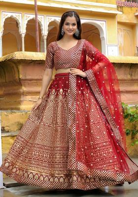 Maroon Embroidered Silk Lehenga Set