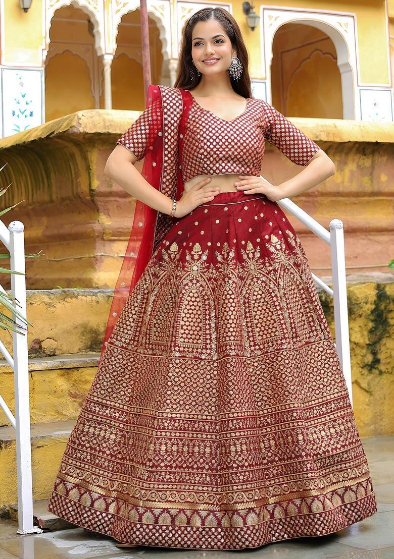 Maroon Embroidered Silk Lehenga Set - Indya