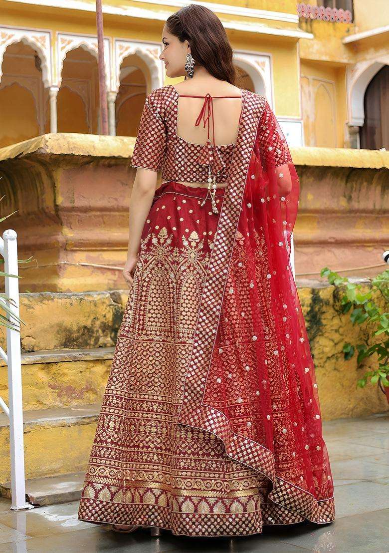 Maroon Embroidered Silk Lehenga Set for Diwali and Festive Wear - Indya