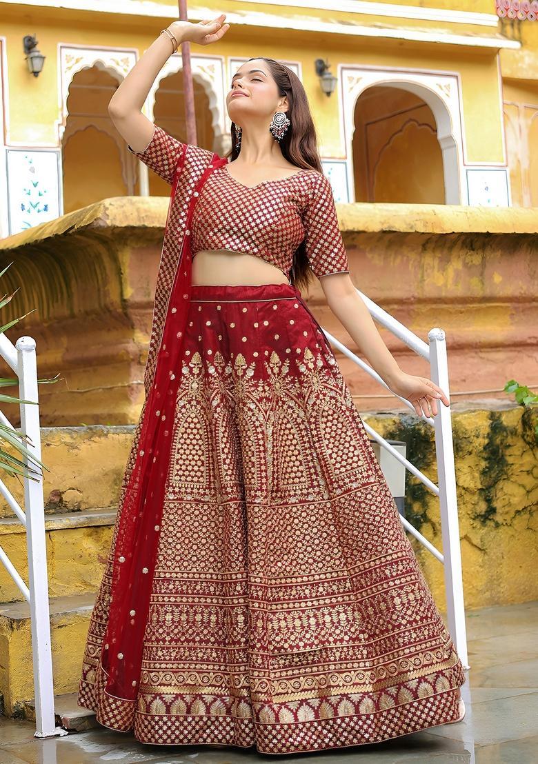Maroon Embroidered Silk Lehenga Set - Indya