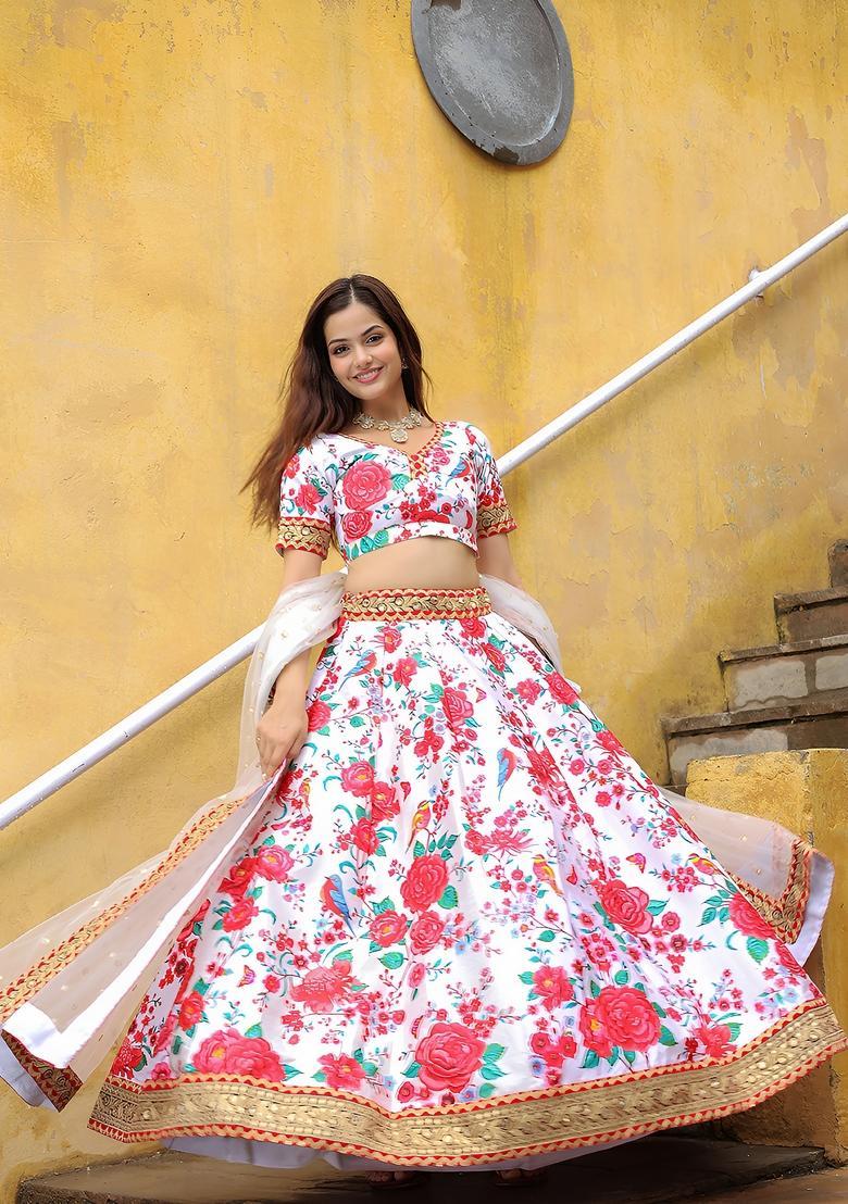 White Embroidered Silk Lehenga Set - Indya