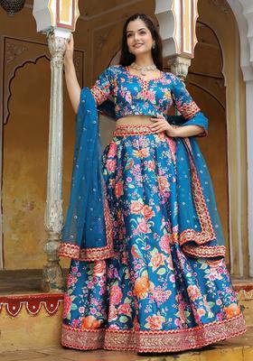 Blue Embroidered Silk Lehenga Set