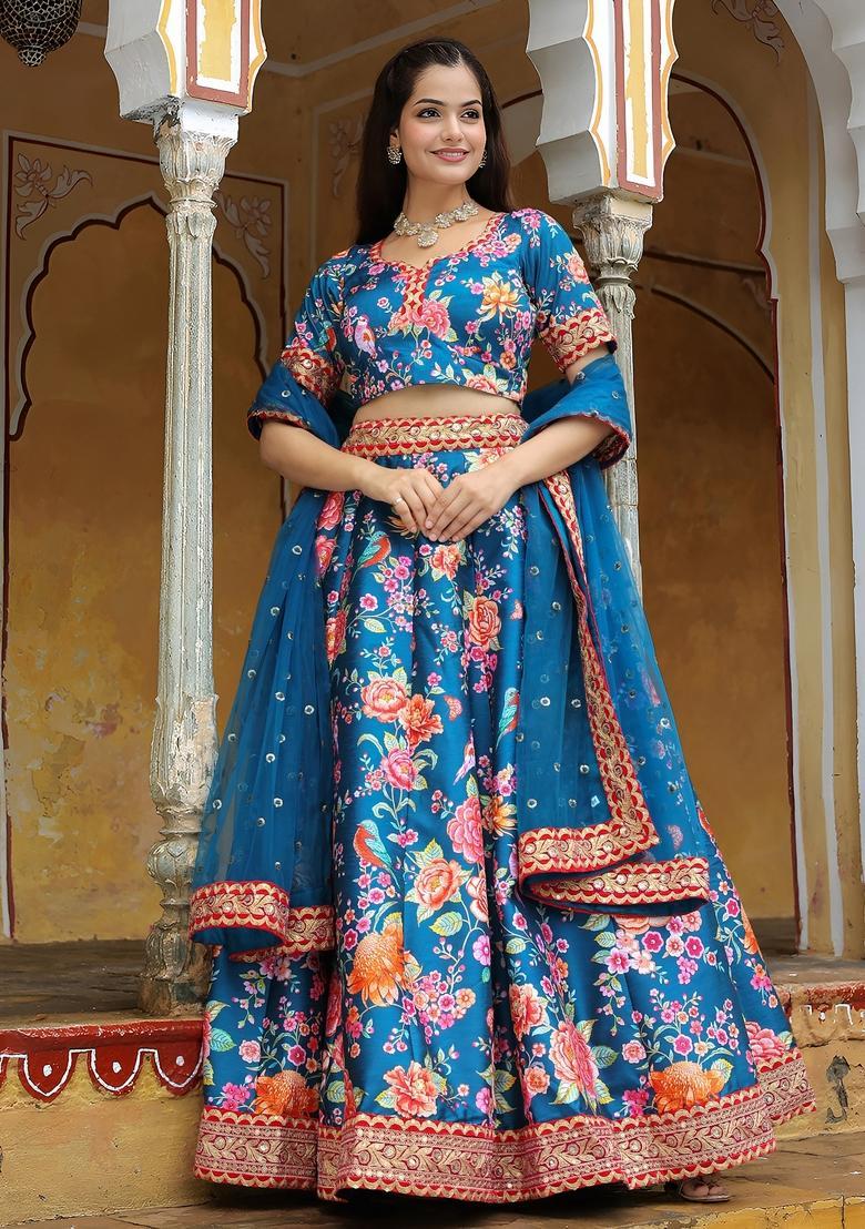Blue Embroidered Silk Lehenga Set - Indya