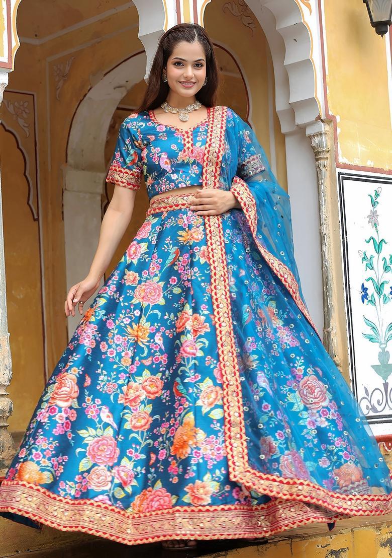 Blue Embroidered Silk Lehenga Set - Indya
