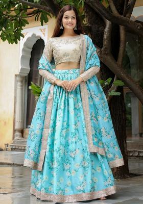 Sky Blue Embroidered Organza Lehenga Set
