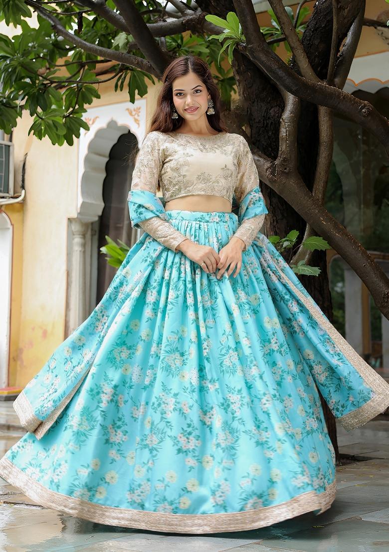 Sky Blue Embroidered Organza Lehenga Set - Indya
