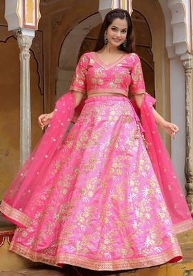 Pink Embroidered Silk Lehenga Set