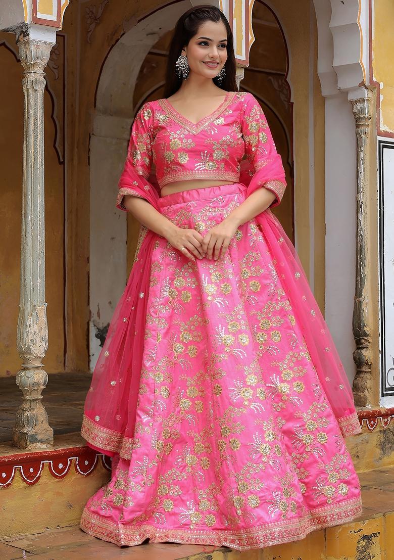 Pink Embroidered Silk Lehenga Set - Indya