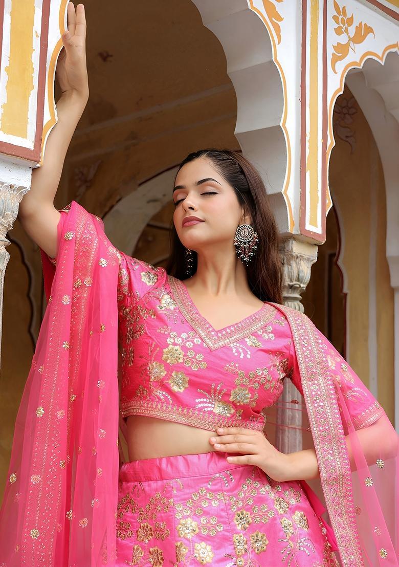 Pink Embroidered Silk Lehenga Set - Indya