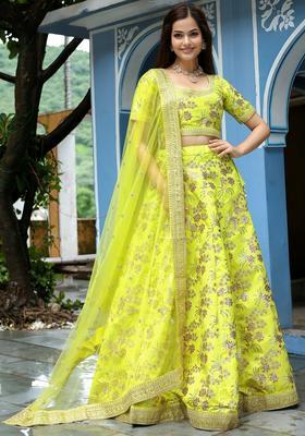 Parrot Green Embroidered Silk Lehenga Set