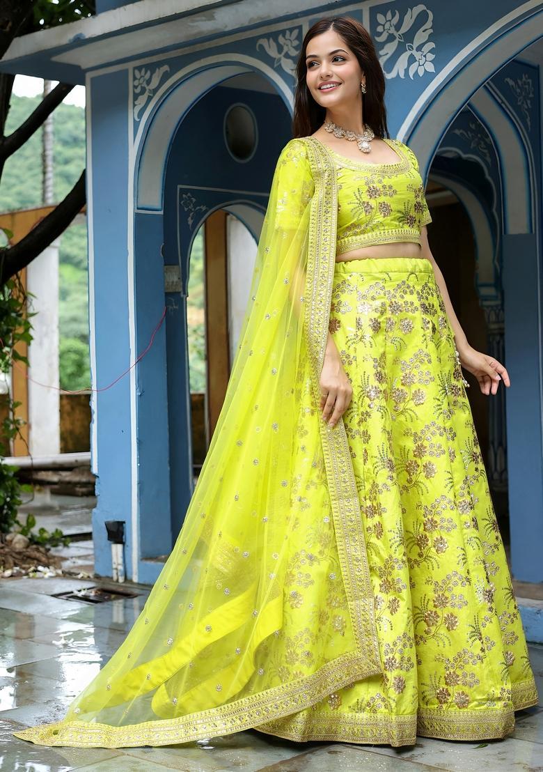 Parrot Green Embroidered Silk Lehenga Set - Indya