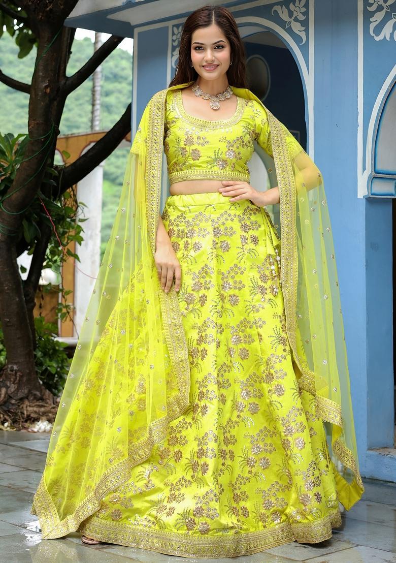 Parrot Green Embroidered Silk Lehenga Set - Indya
