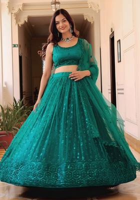 Teal Blue Embroidered Net Lehenga Set