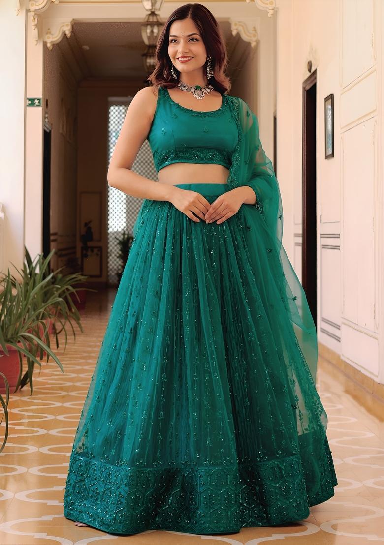 Teal Blue Embroidered Net Lehenga Set - Indya