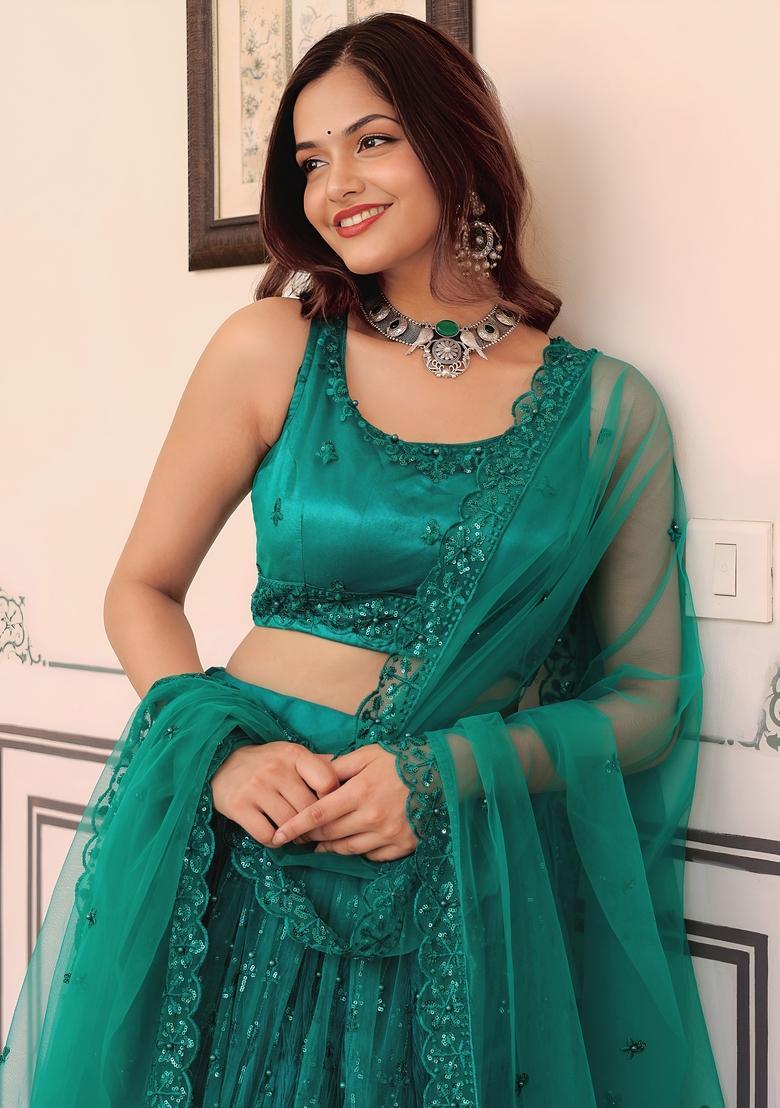 Teal Blue Embroidered Net Lehenga Set - Indya