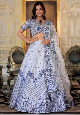 White Embroidered Satin Lehenga Set