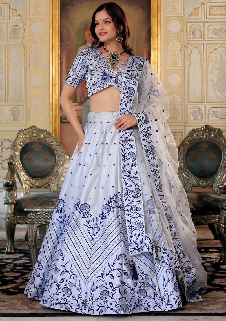 White Embroidered Satin Lehenga Set - Indya