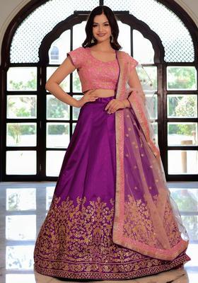 Purple Embroidered Silk Lehenga Set