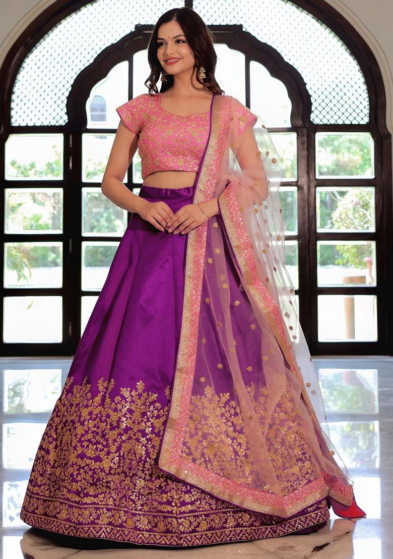 Purple Embroidered Silk Lehenga Set - Indya