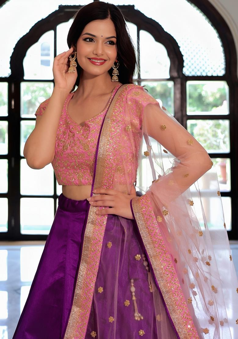 Purple Embroidered Silk Lehenga Set - Indya