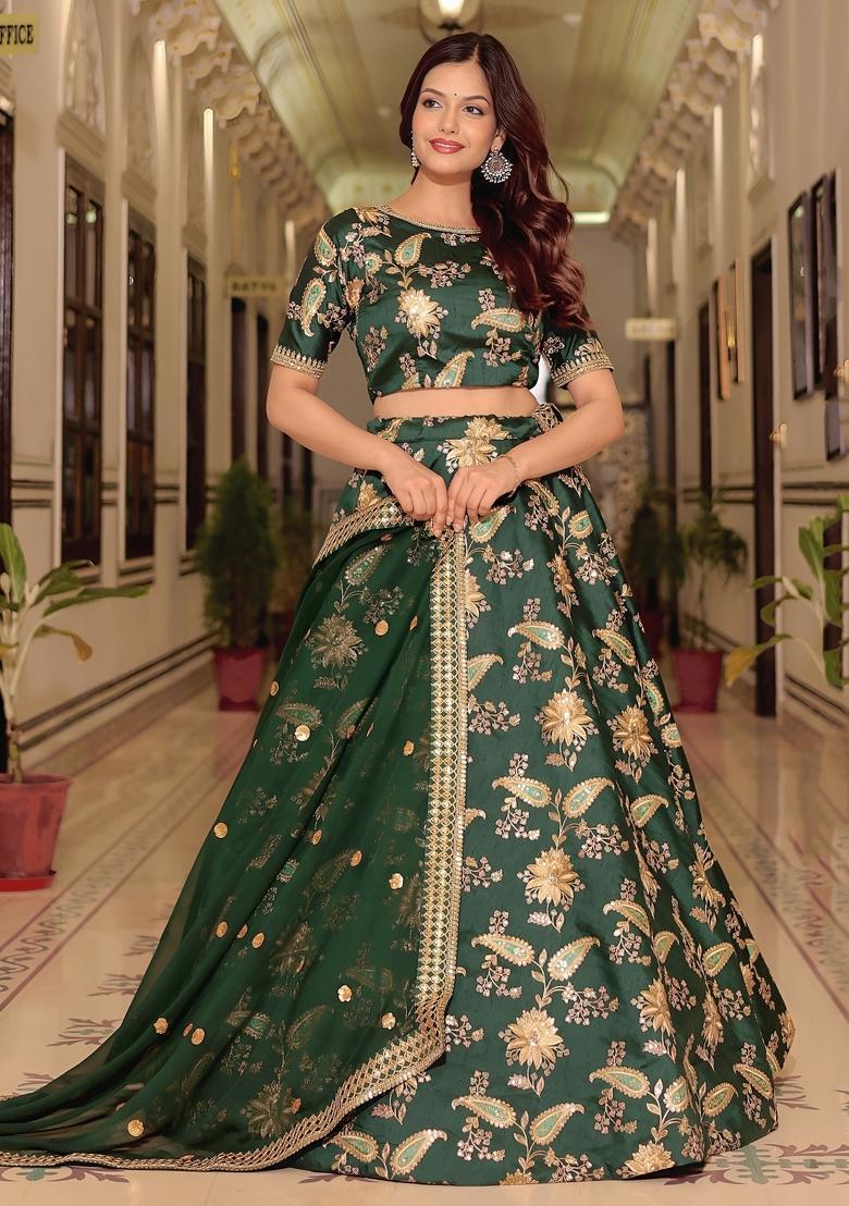 Green Embroidered Silk Lehenga Set - Indya