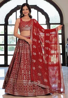 Maroon Embroidered Georgette Lehenga Set