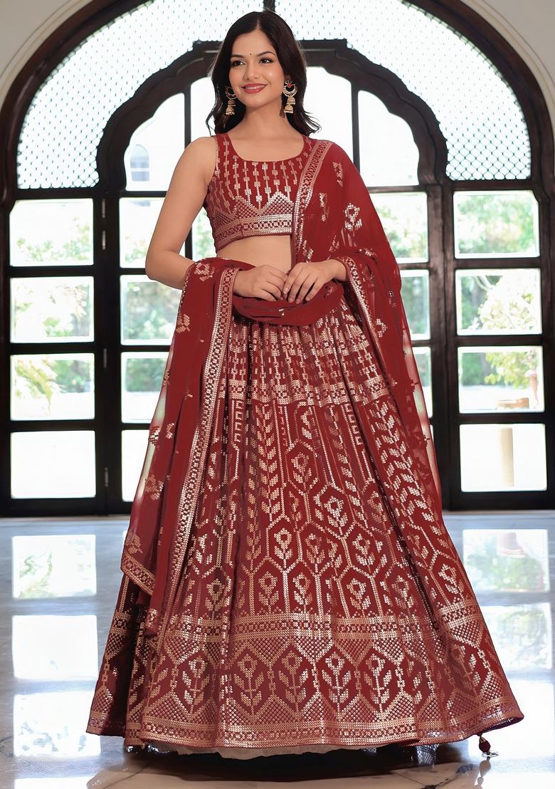 Maroon Embroidered Georgette Lehenga Set - Indya