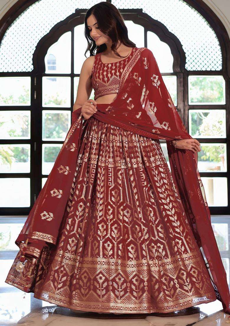 Maroon Embroidered Georgette Lehenga Set for Diwali and Festive Wear - Indya