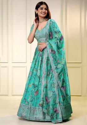 Turquoise Embroidered Organza Lehenga Set