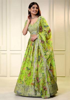 Parrot Green Embroidered Organza Lehenga Set