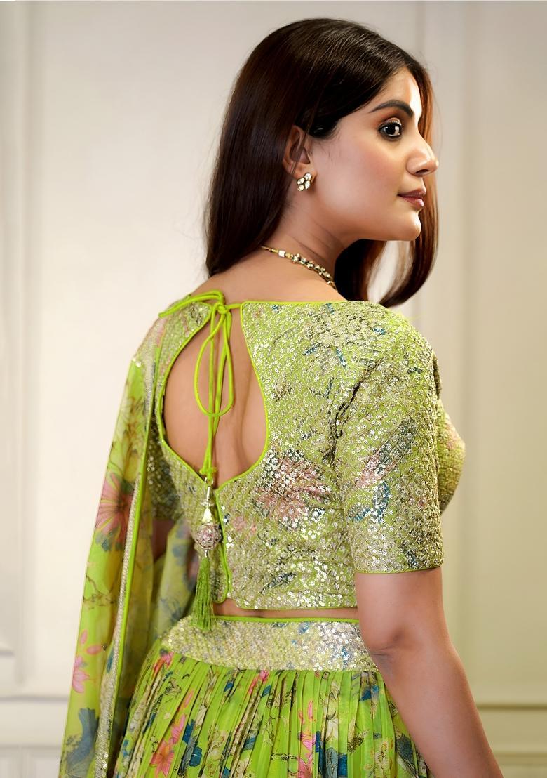 Parrot Green Embroidered Organza Lehenga Set - Indya