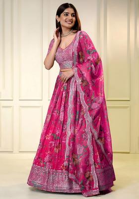 Pink Embroidered Organza Lehenga Set
