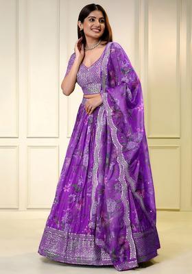Purple Embroidered Organza Lehenga Set
