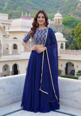Blue Embroidered Georgette Lehenga Set