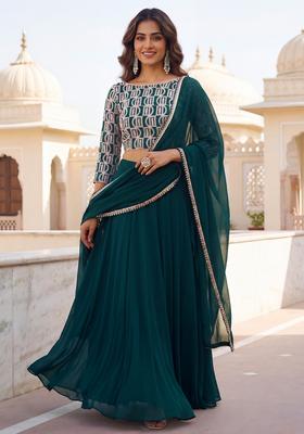 Green Embroidered Georgette Lehenga Set