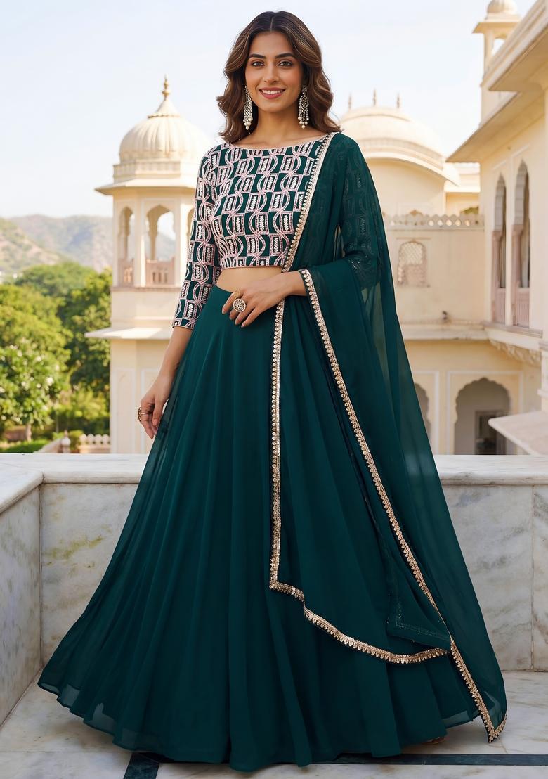 Green Embroidered Georgette Lehenga Set - Indya