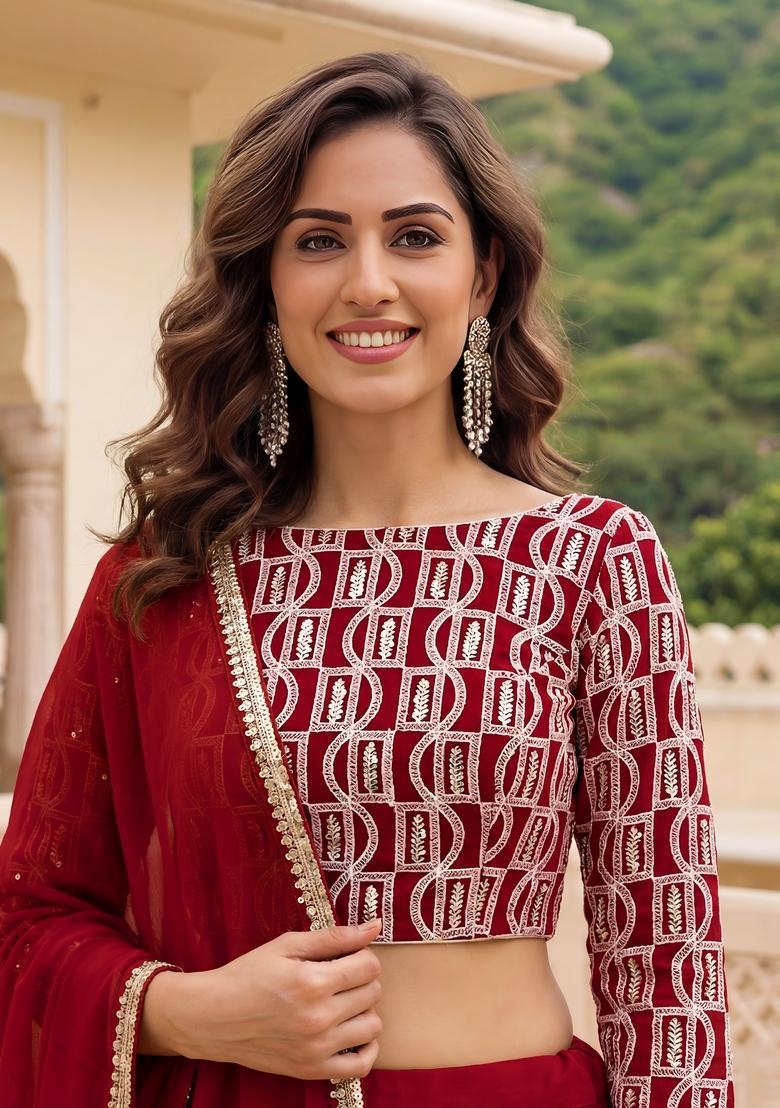 Red Embroidered Georgette Lehenga Set - Indya