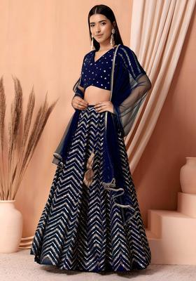 Blue Embroidered Georgette Lehenga Set