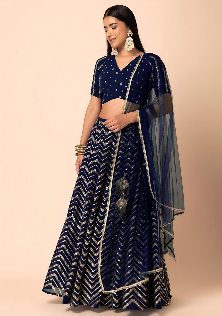 Blue Embroidered Georgette Lehenga Set - Indya