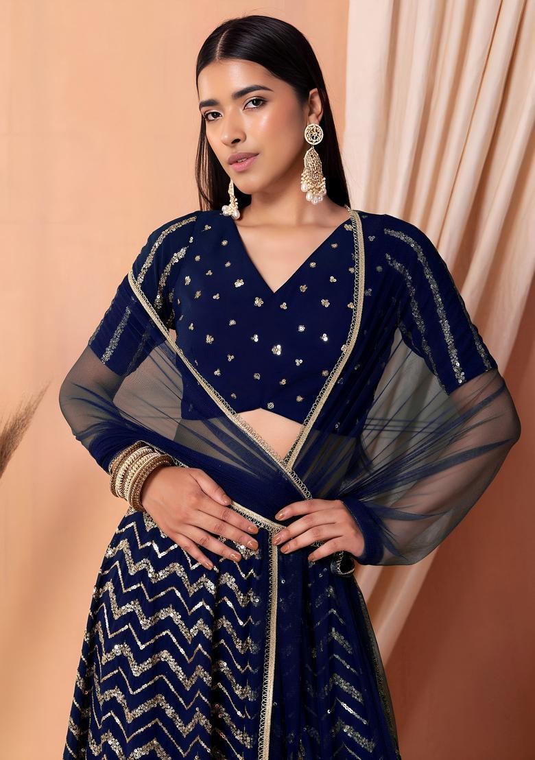 Blue Embroidered Georgette Lehenga Set - Indya