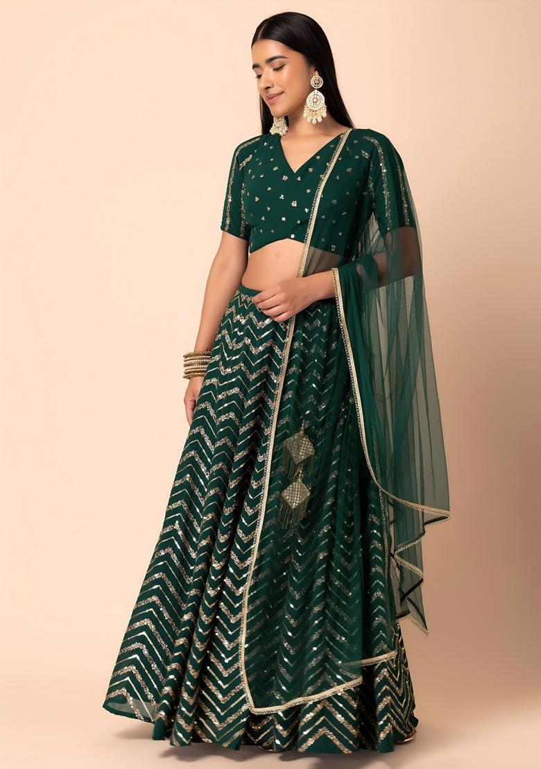 Green Embroidered Georgette Lehenga Set - Indya