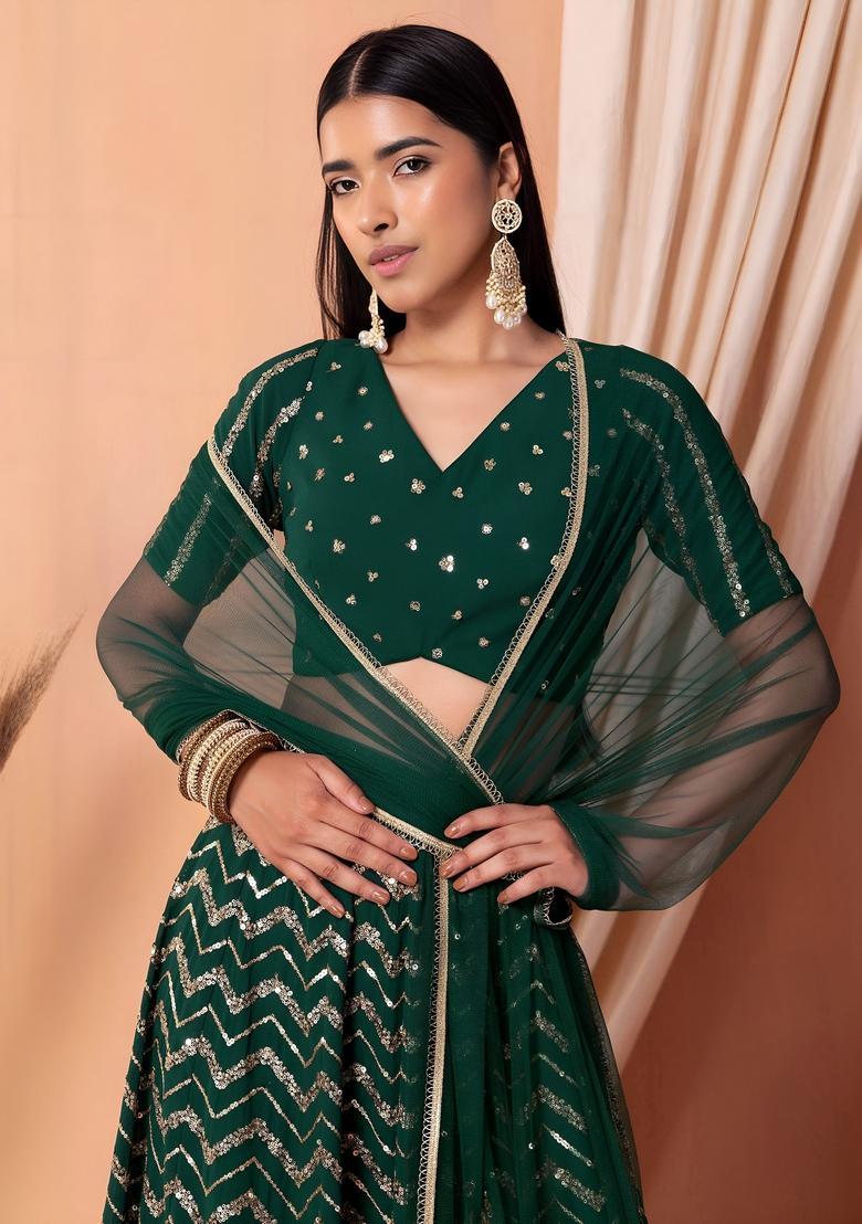 Green Embroidered Georgette Lehenga Set - Indya