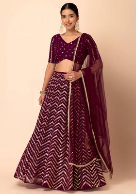 Maroon Embroidered Georgette Lehenga Set