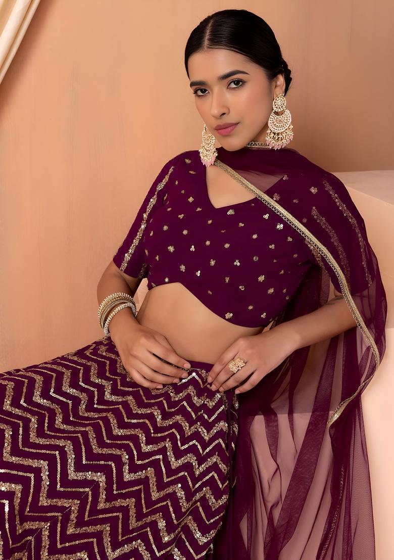 Maroon Embroidered Georgette Lehenga Set - Indya